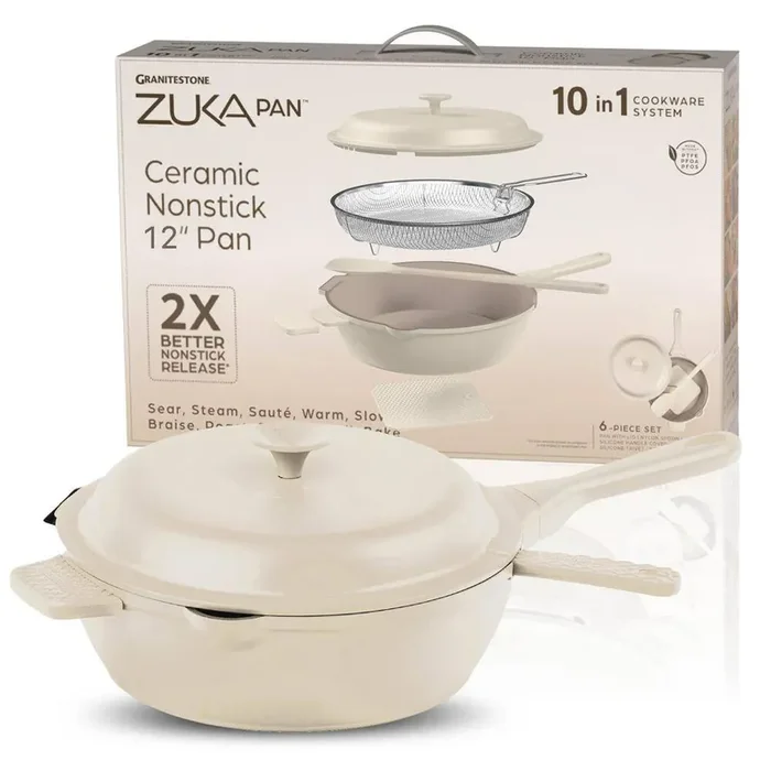 Zuka Everyday Pan 4.25 qt. Ceramic 10 in 1 Nonstick Multi-Functional Saute Pan with Lid, Nylon Spoon, & Steamer Basket